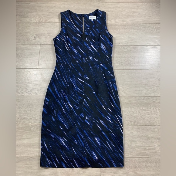 MILLY Blue Brushstroke Print V-Neck Sheath Work Career Office Midi Dress - Picture 4 of 15